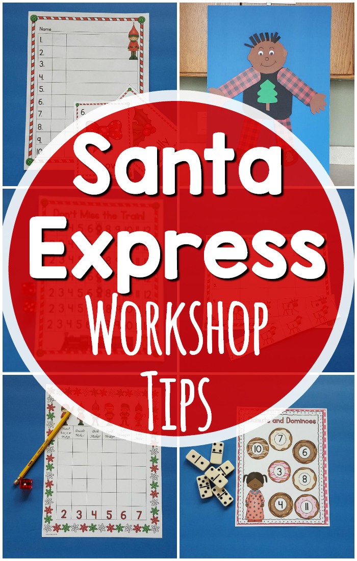 Santa Express workshop is the perfect way to combine holiday themed math centers and holiday themed literacy centers for kindergarten! It's a much faster and efficient way to get things done in the kindergarten classroom! #mathcenterskindergarten #literacycenterskindergarten #kindergartenholidayactivities #polarexpressactivities 