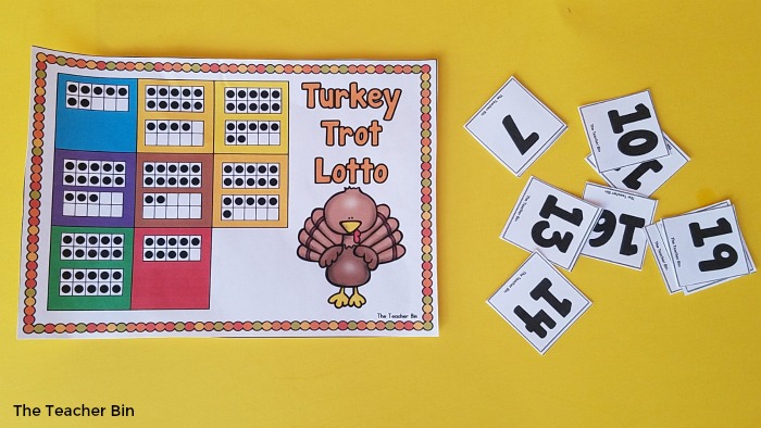 Ten frame math game with a Thanksgiving Theme! This is an awesome Thanksgiving Math Activity! It's great for working on teen numbers and ten frames! #thanksgivingactivities #thanksgivingmathgames #tenframes #teennumbers